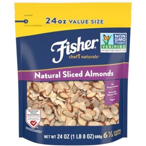 fisher chef's naturals unsalted sliced almonds 24oz (pack of 1), raw nuts perfect for cooking, baking & snacking, vegan protein, keto snack, gluten free