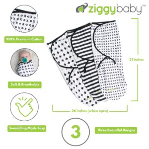 Ziggy Baby Adjustable Baby Swaddles 0-3 Months - Blanket Infant Wrap Set 3 Pack - Soft Cotton Black & White - Newborn Swaddle Blankets for Baby Boy or Girl, Swaddle Blanket