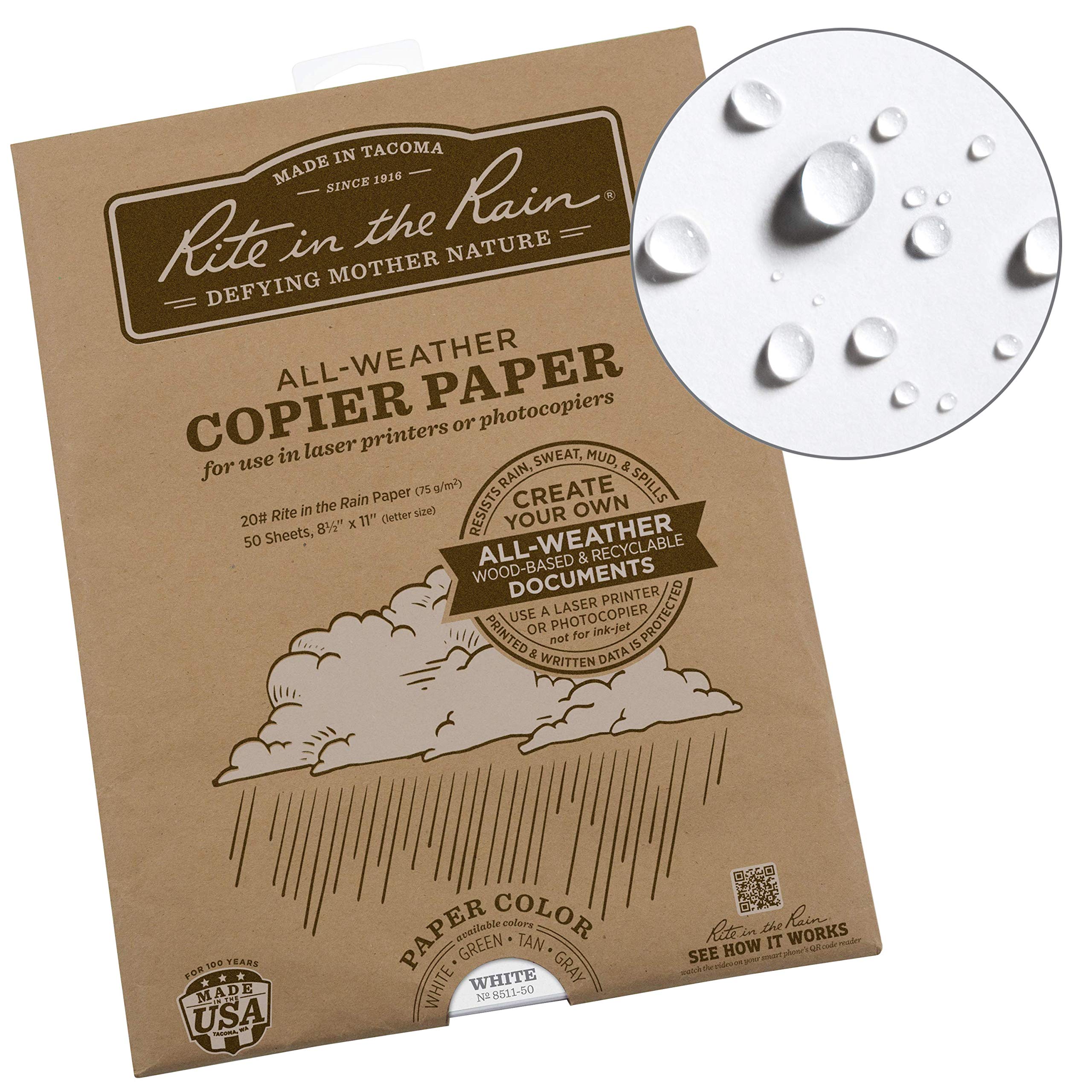 Rite In The Rain Weatherproof Laser Printer Paper, 8.5" x 11", 20# White, 50 Sheet Pack (No. 8511-50)