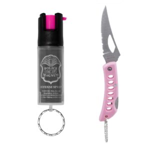police magnum mini pepper spray self defense- small discreet pink oc spray- 1 pack 1/2oz twist lock keyring (pink pocket knife &clear sleeve)