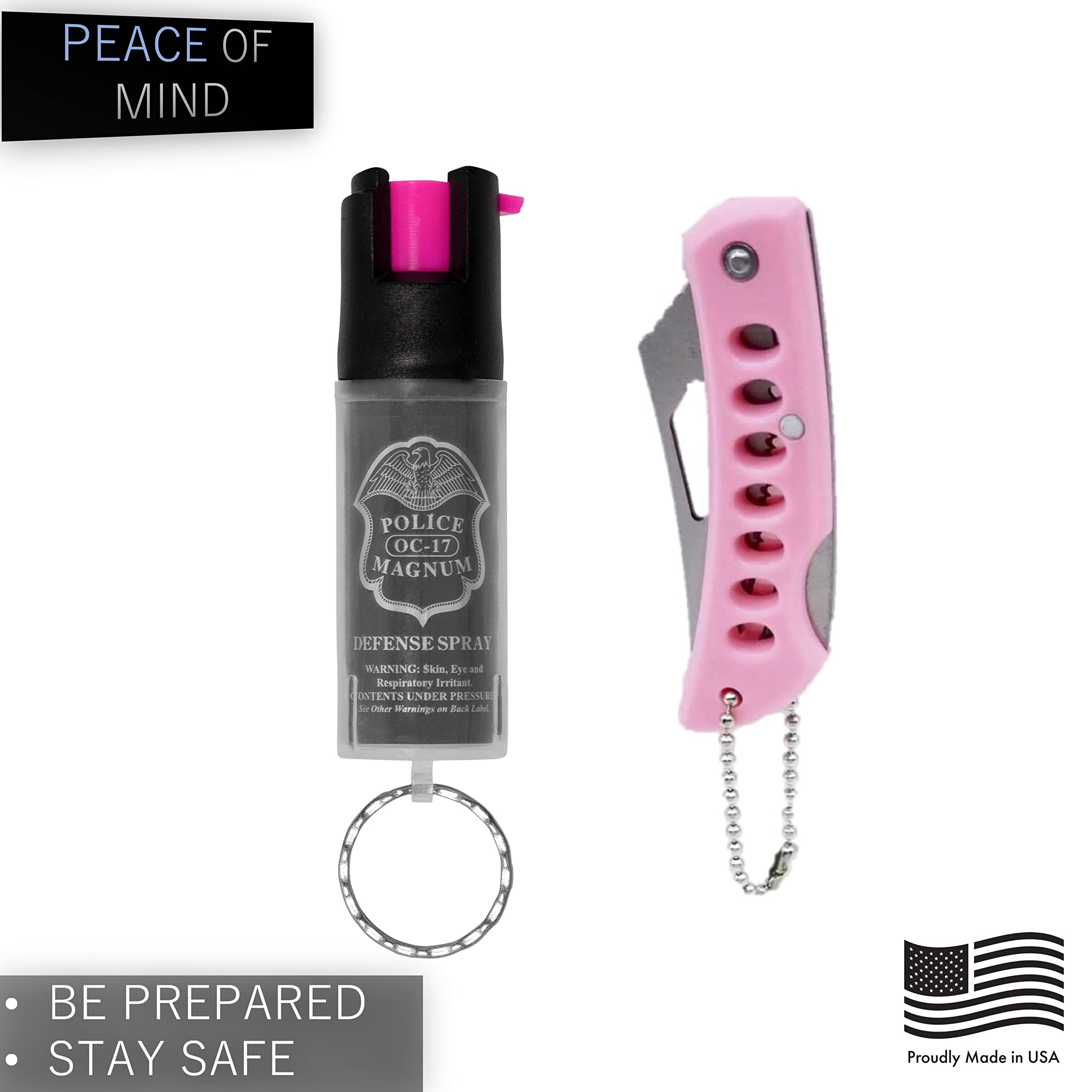 Police Magnum Mini Pepper Spray Self Defense- Small Discreet Pink OC Spray- 1 Pack 1/2oz Twist Lock Keyring (Pink Pocket Knife &Clear Sleeve)