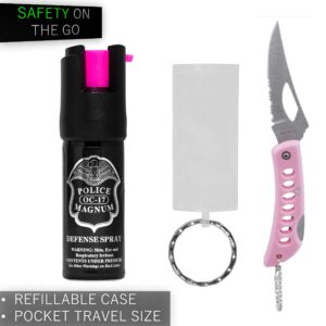 Police Magnum Mini Pepper Spray Self Defense- Small Discreet Pink OC Spray- 1 Pack 1/2oz Twist Lock Keyring (Pink Pocket Knife &Clear Sleeve)