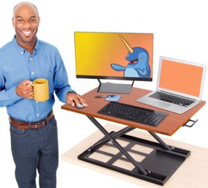 stand steady x-elite pro, ergonomic adjustable height standing desk converter for home or office, easy lift sit to stand laptop desk riser for laptop and computer monitor (cherry, 28in x 20in)