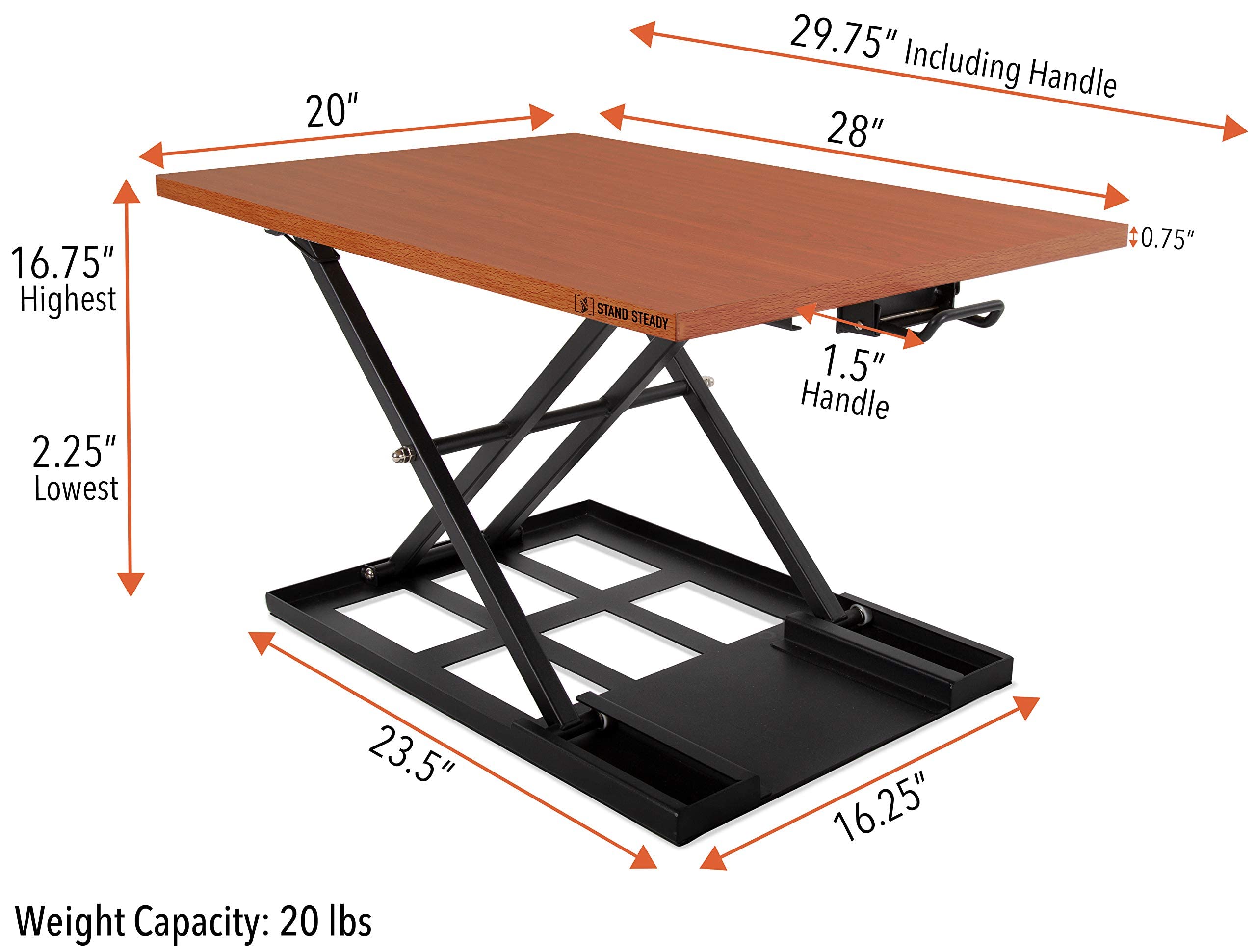 Stand Steady X-Elite Pro, Ergonomic Adjustable Height Standing Desk Converter for Home or Office, Easy Lift Sit to Stand Laptop Desk Riser for Laptop and Computer Monitor (Cherry, 28in x 20in)