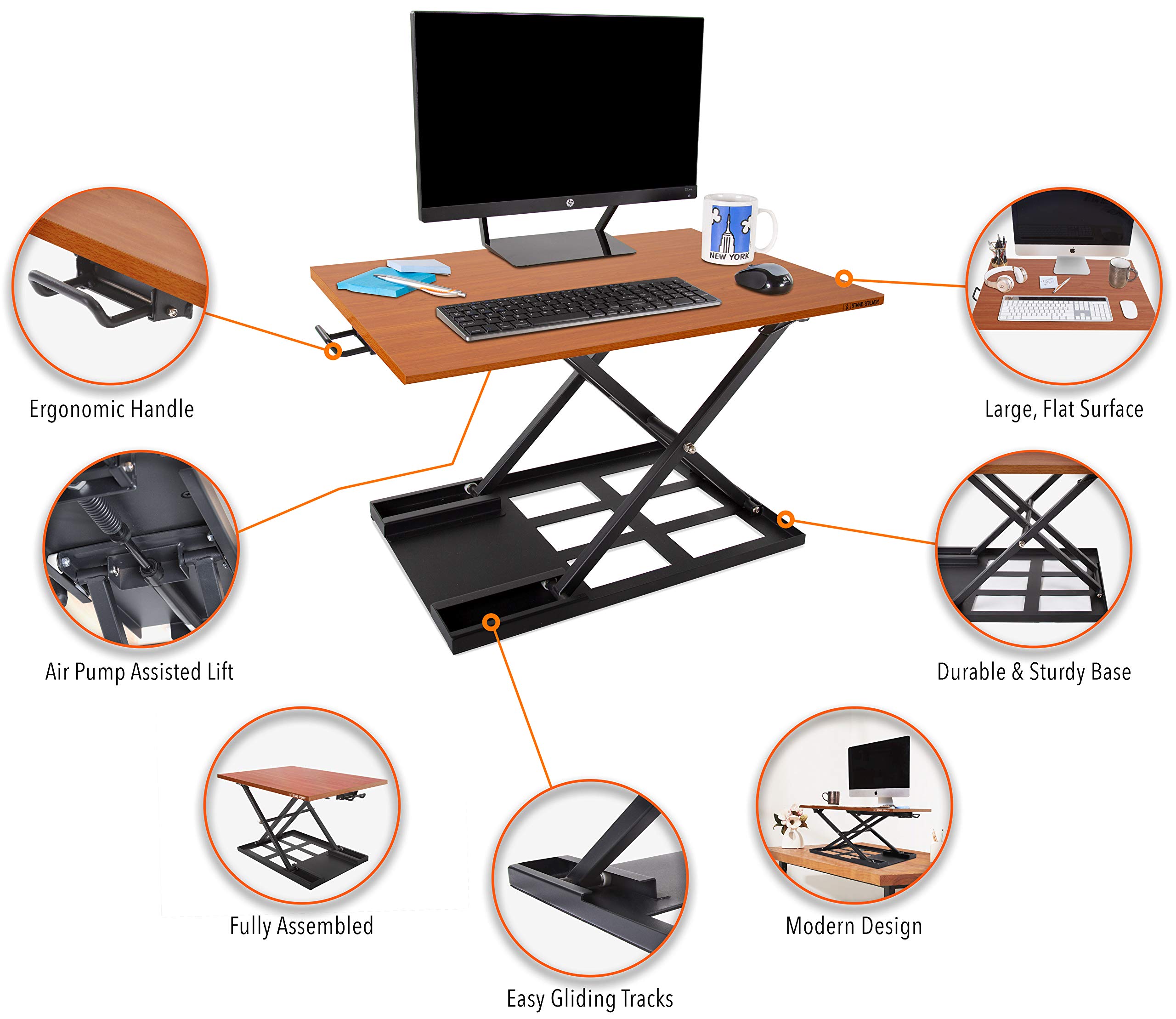 Stand Steady X-Elite Pro, Ergonomic Adjustable Height Standing Desk Converter for Home or Office, Easy Lift Sit to Stand Laptop Desk Riser for Laptop and Computer Monitor (Cherry, 28in x 20in)