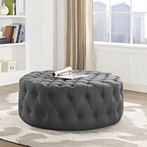 Modway Amour Fabric Upholstered Button-Tufted Round Ottoman in Gray