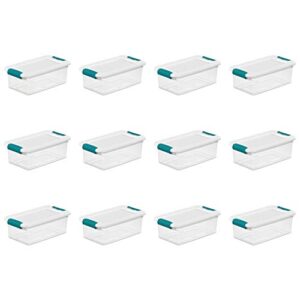 sterilite 6 qt latching storage box, stackable bin with latch lid, plastic container to organize shoes on closet shelf, clear with white lid, 12-pack