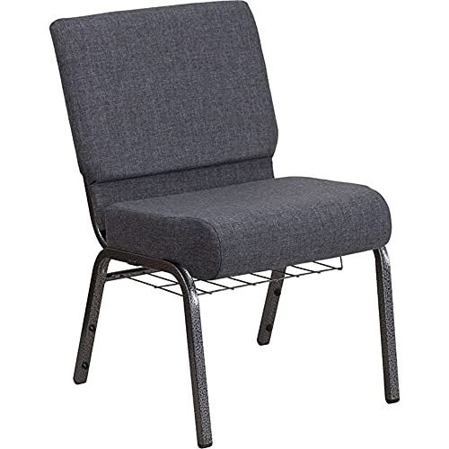 Flash Furniture HERCULES Series 21''W Church Chair in Dark Gray Fabric with Book Rack - Silver Vein Frame