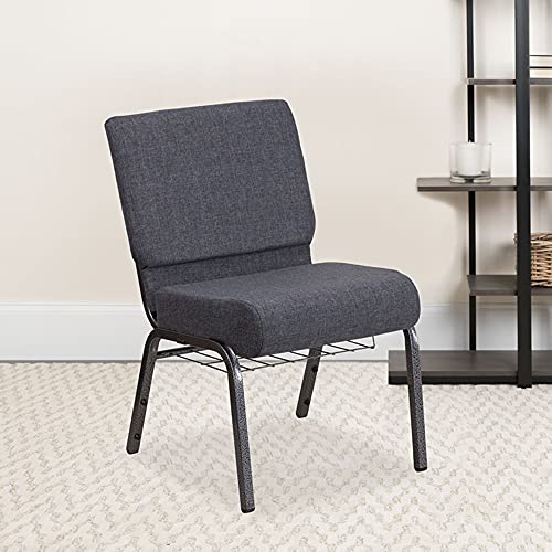 Flash Furniture HERCULES Series 21''W Church Chair in Dark Gray Fabric with Book Rack - Silver Vein Frame