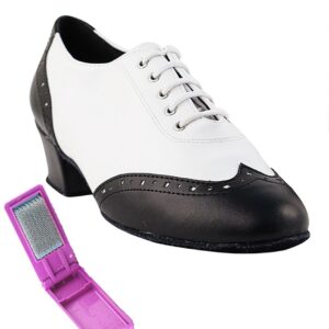 Very Fine Dance Shoes - Ladies Practice, Cuban Low Heel, Waltz Ballroom Dance Shoes - 2008-1.5-inch Heel and Foldable Brush Bundle - Black Leather - White Leather - 7