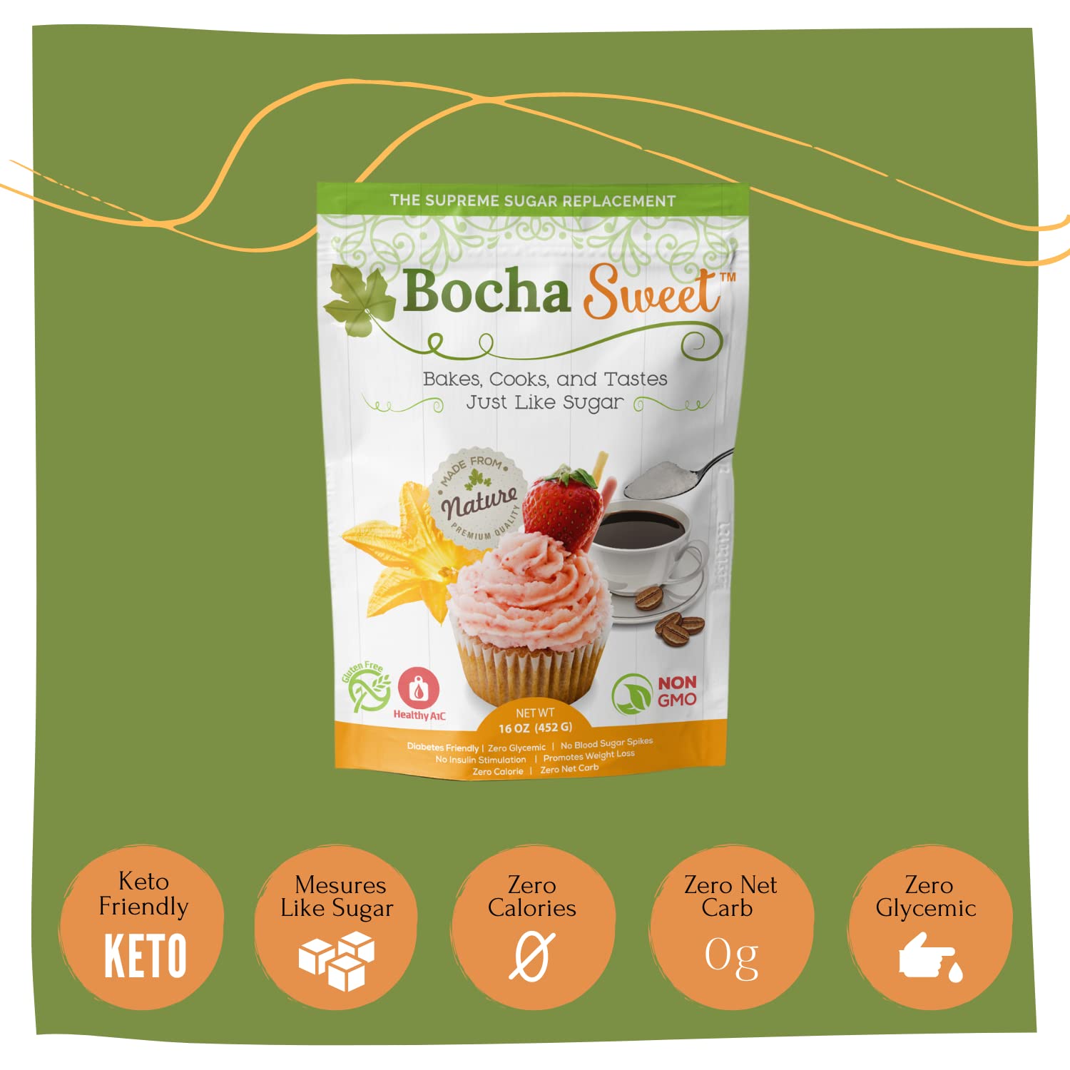 BochaSweet The Supreme Sugar Replacement (16 oz) - 1:1 Granular Sugar Substitute - Perfect for Baking, Keto-Friendly, Zero Glycemic, Non GMO, No Bitter Aftertaste