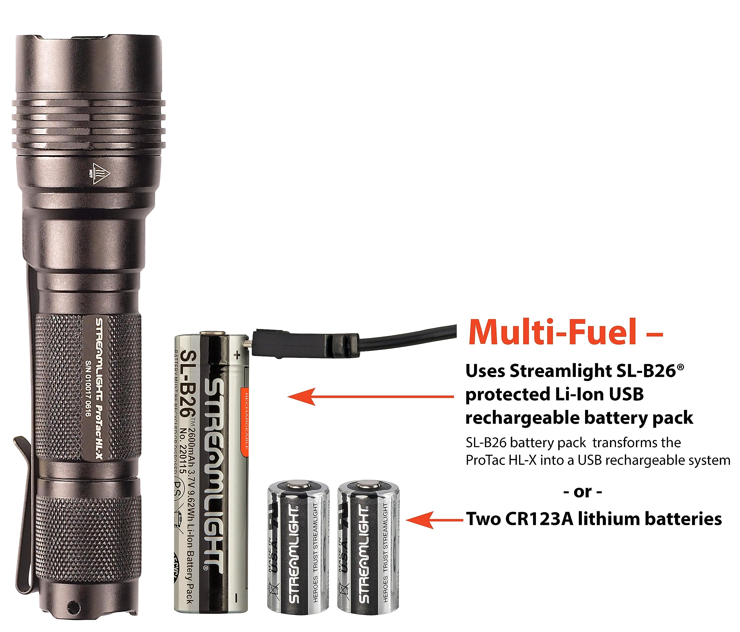 Streamlight 88065 ProTac HL-X 1000-Lumen Multi-Fuel Professional Tactical Flashlight, Includes CR123A Lithium Batteries and Holster, Black