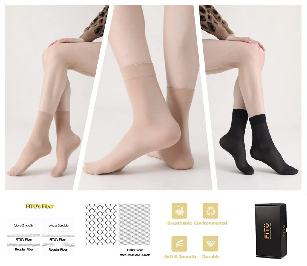 FITU Women's 12 Pairs Nylon Ankle High Tights Hosiery Socks (6 Black 6 Beige)