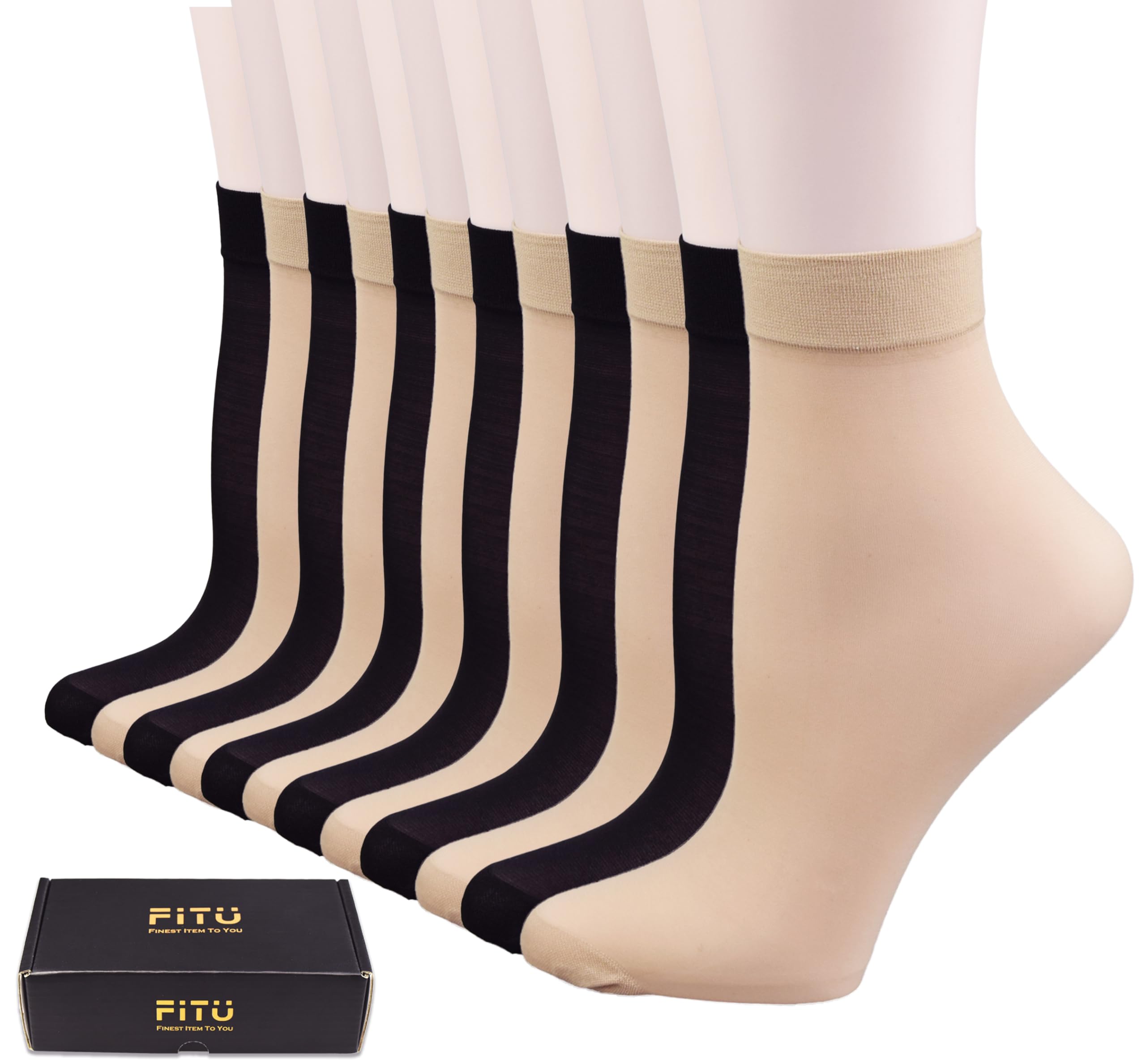 FITU Women's 12 Pairs Nylon Ankle High Tights Hosiery Socks (6 Black 6 Beige)