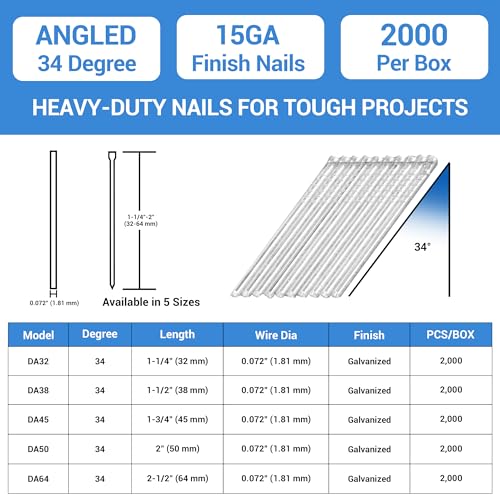 meite 15 Gauge Angled Finish Nails, 2-1/2-Inch 34 Degree DA Series Galvanized Finishing Nails for Nailer Guns - Perfect for Window Trim, Cabinet Building and Other DIY Projects (2,000 Counts)