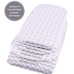 Waterproof Bassinet Sheets 2-Pack for Baby Boy or Baby Girl - (Grey Chevron & Grey Polka Dots)