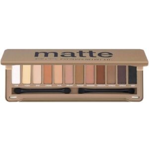bys 12 shade matte eyeshadow palette tin collection with mirror, double ended applicator and blender, nude and smoke