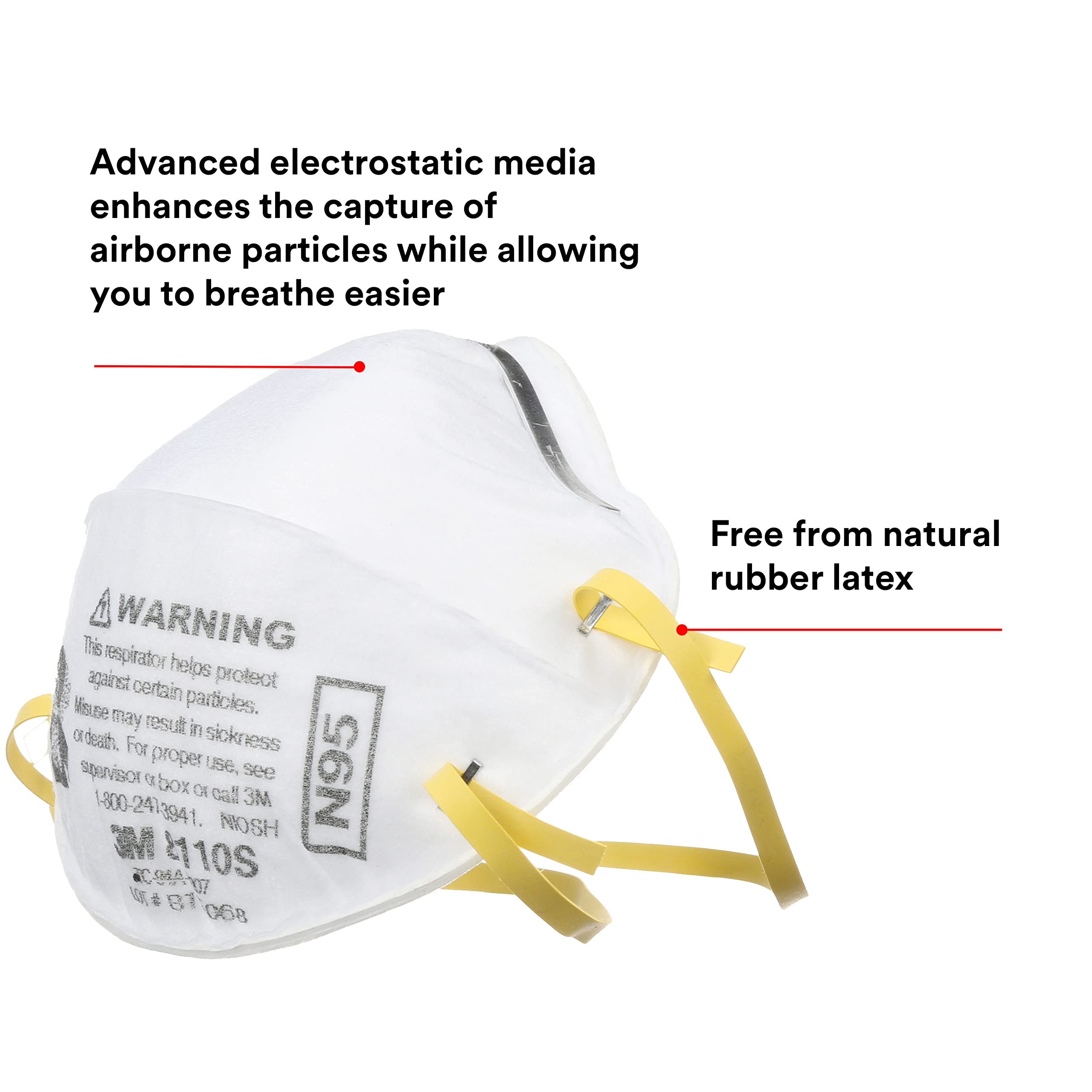 3M Particulate Respirator, 8110S, N95, Unsealed , Smaller Size, Adjustable Noseclip, Two Strap Design, Advanced Electrostatic Media, Nosefoam, Disposable, (Pack of 20)