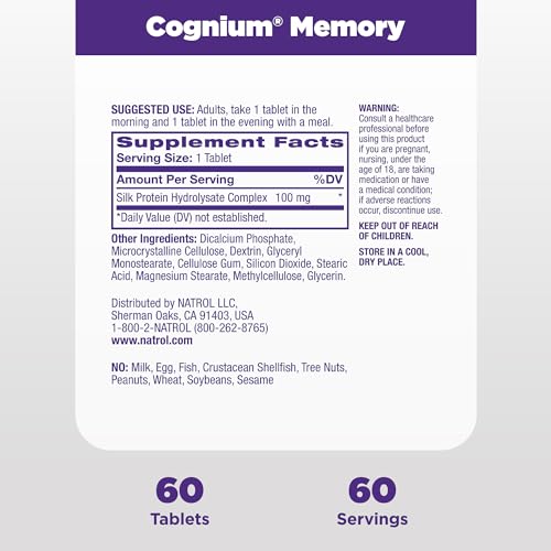 Natrol Cognium Memory Silk Protein Hydrolysate 100mg, Dietary Supplement for Brain Health Support, 60 Tablets, 30 Day Supply