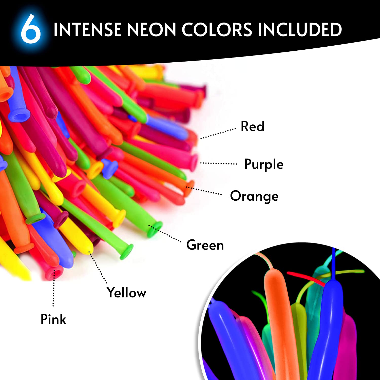 Glow King Black Light Reactive Neon Long Balloons | Glow In The Dark Tying Balloons in Assorted Colors | Fun UV Fluorescent Party Gifts | Luminous Animal Ballons for Birthday Decoration – 100 Pack