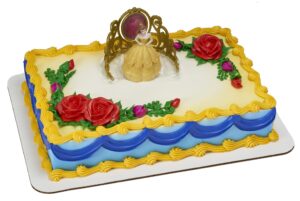 decoset® disney princess belle beautiful as a rose cake topper, 2-piece decorations set with belle figurine and golden tiara with spinning jewel, beauty and the beast cake decoration