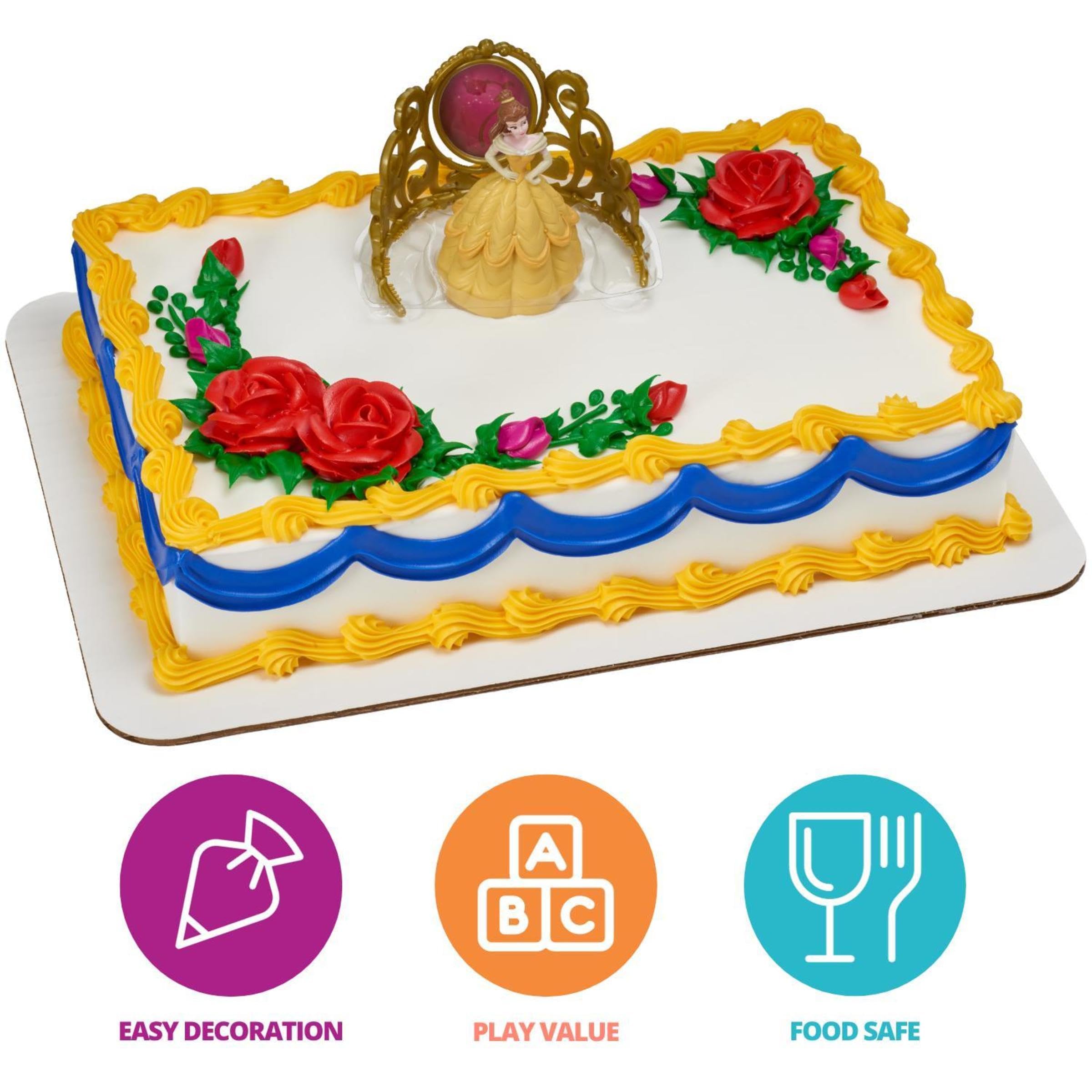 DecoSet® Disney Princess Belle Beautiful As A Rose Cake Topper, 2-Piece Decorations Set with Belle Figurine and Golden Tiara with Spinning Jewel, Beauty and the Beast Cake Decoration