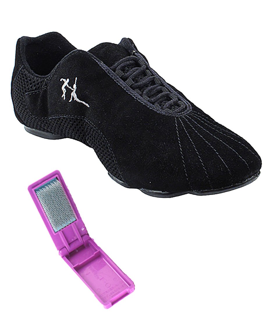 Very Fine Dance Shoes - Unisex Dance Sneakers - Flat Heel Gum Sole - VFSN016 and Foldable Brush Bundle - Black Suede - 14