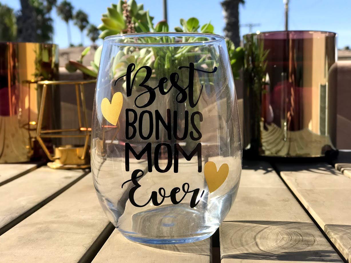 Gift for Step Mom - Best Bonus Mom Ever - Stepmom Birthday Present - Premium 21oz Stemless Wine Tumbler Cup Drinking Glass