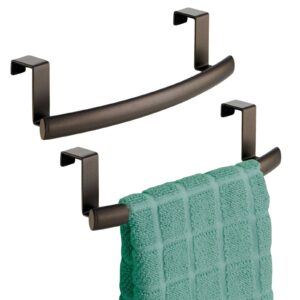 mdesign steel over door curved towel bar storage, hanger for cabinet or cupboard, holder rack for kitchen, bathroom - holds hand/dish towels, washcloths - spira collection - 2 pack - bronze