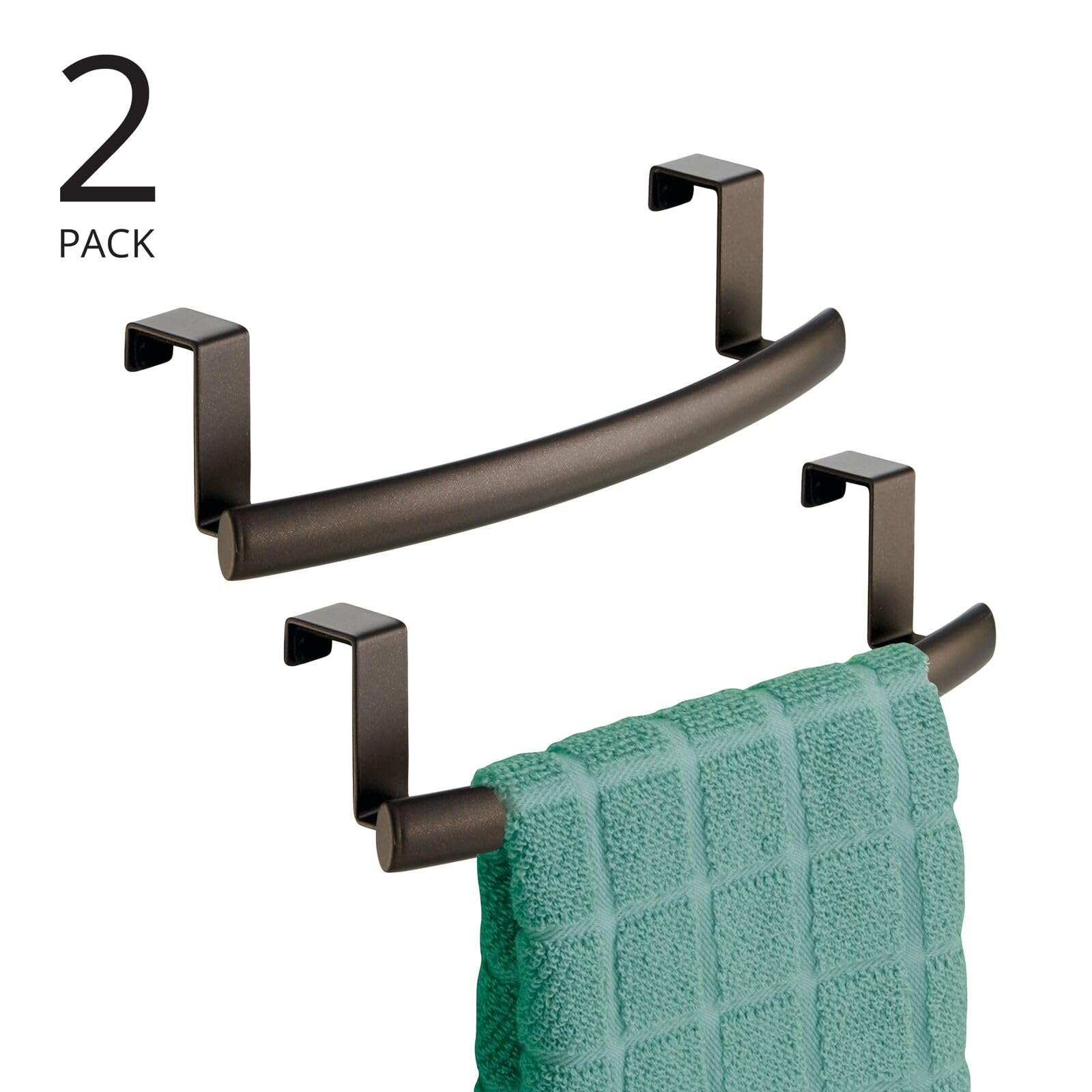 mDesign Steel Over Door Curved Towel Bar Storage, Hanger for Cabinet or Cupboard, Holder Rack for Kitchen, Bathroom - Holds Hand/Dish Towels, Washcloths - Spira Collection - 2 Pack - Bronze