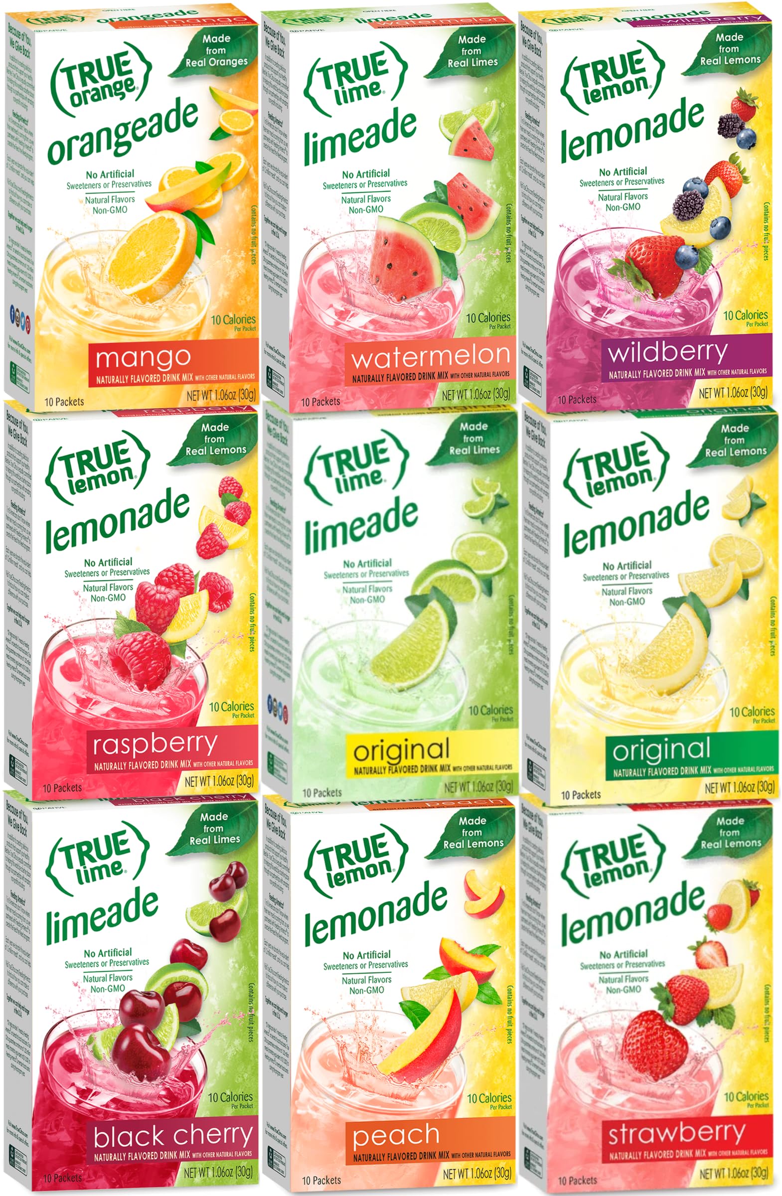 True Lemon STRAWBERRY, WILDBERRY, LIMEADE, WATERMELON, BLACK CHERRY, MANGO ORANGE, PEACH, LEMONADE, RASPBERRY 10ct each box. Citrus Sample Kit, 1.06 Ounce (Pack of 9)