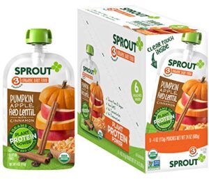 sprout organic baby food pouches stage 3 plant powered protein, pumpkin apple red lentil w/ cinnamon, 4 oz (pack of 12)