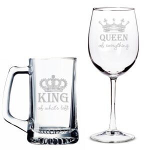 queen of everything wine glass and king of what's left beer mug set