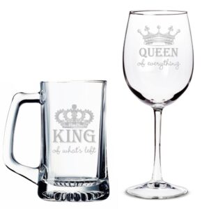 Queen of Everything Wine Glass and King of What's Left Beer Mug Set