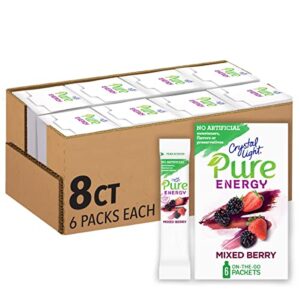 crystal light pure energy mixed berry drink mix with caffeine, 48 ct pack, 8 boxes of 6 packets