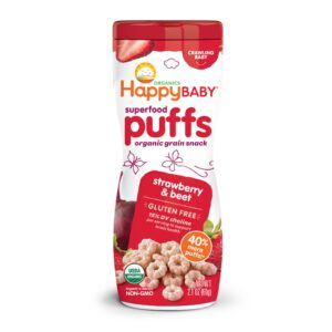 happy baby organic superfood puffs strawberry & beet, 2.1 ounce canister organic baby or toddler snacks, crunchy fruit & veggie snack, choline to support brain & eye health
