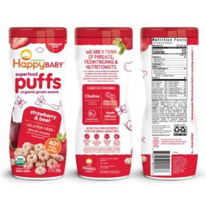 Happy Baby Organic Superfood Puffs Strawberry & Beet, 2.1 Ounce Canister Organic Baby or Toddler Snacks, Crunchy Fruit & Veggie Snack, Choline to Support Brain & Eye Health