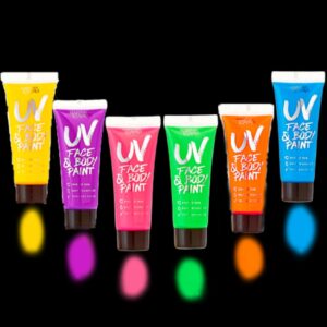 UV Body Paint 10ml - 6 Pack - Glow Paint, Glow in the Dark Body Paint for Adults, Uv Paint, Neon Glow in the Dark Face Paint, Black Light Paint, Neon Face Paint, Neon Body Paint by Splashes & Spills