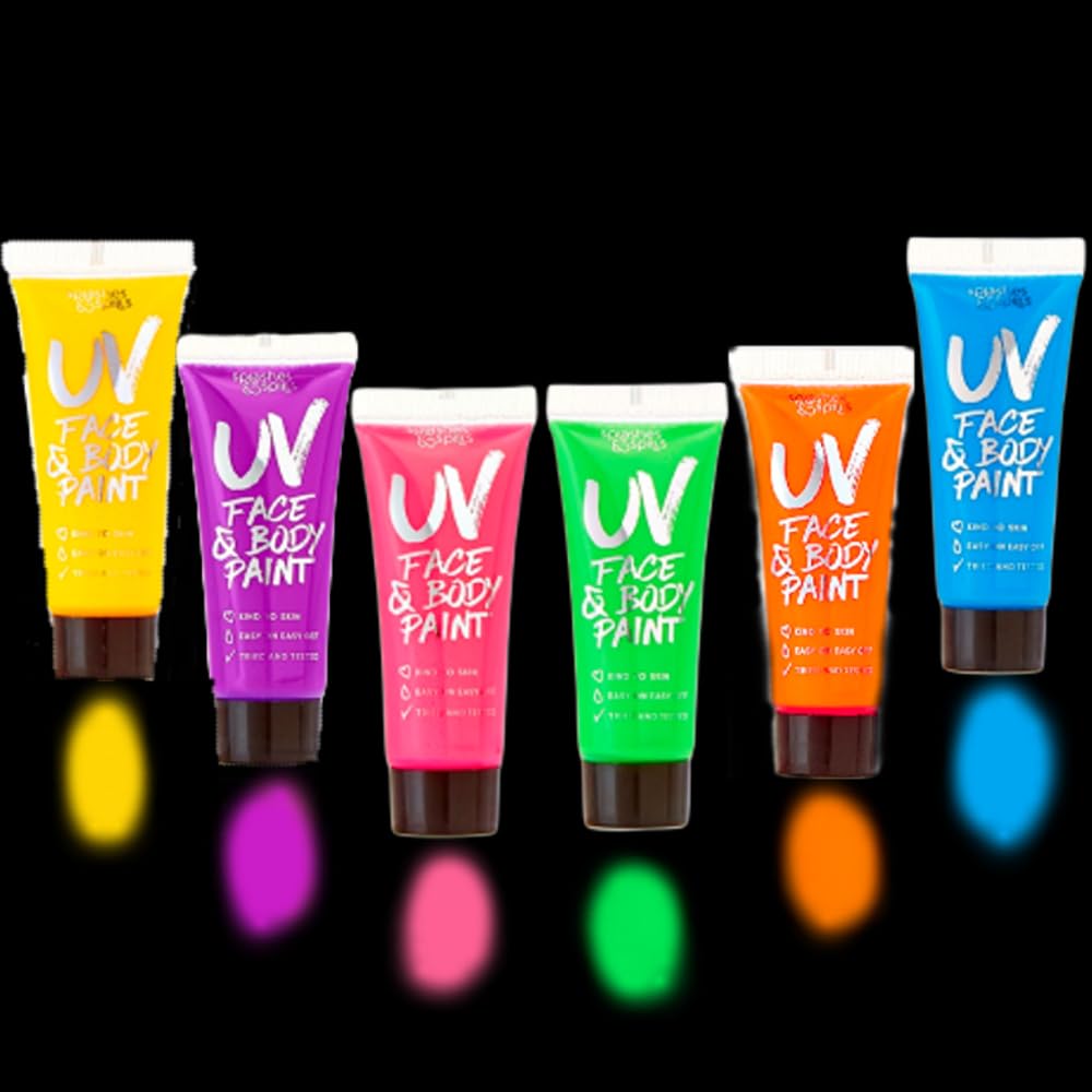 UV Body Paint 10ml - 6 Pack - Glow Paint, Glow in the Dark Body Paint for Adults, Uv Paint, Neon Glow in the Dark Face Paint, Black Light Paint, Neon Face Paint, Neon Body Paint by Splashes & Spills