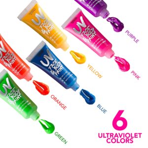 UV Body Paint 10ml - 6 Pack - Glow Paint, Glow in the Dark Body Paint for Adults, Uv Paint, Neon Glow in the Dark Face Paint, Black Light Paint, Neon Face Paint, Neon Body Paint by Splashes & Spills