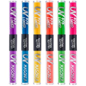 uv blacklight glow eyeliner and mascara duo - 6 color variety pack, 6ml – day or night stage, clubbing or costume makeup by splashes & spills