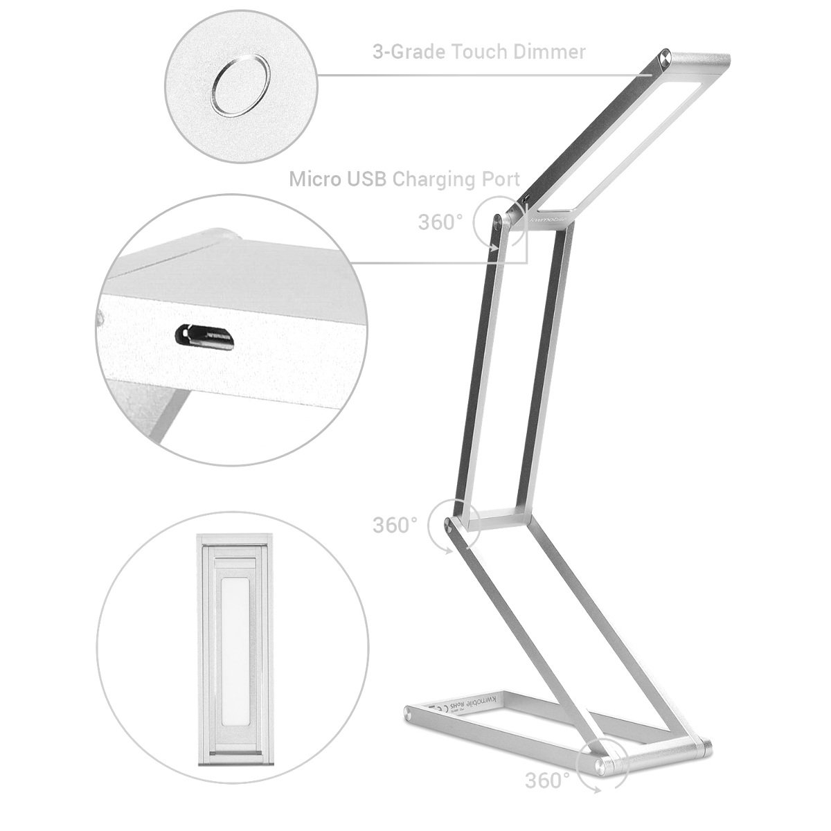 kwmobile Foldable LED Desk Lamp - Folding Portable USB Table Light with 3 Brightness Settings - for Home, Reading, Studying, Work, Travel - Silver