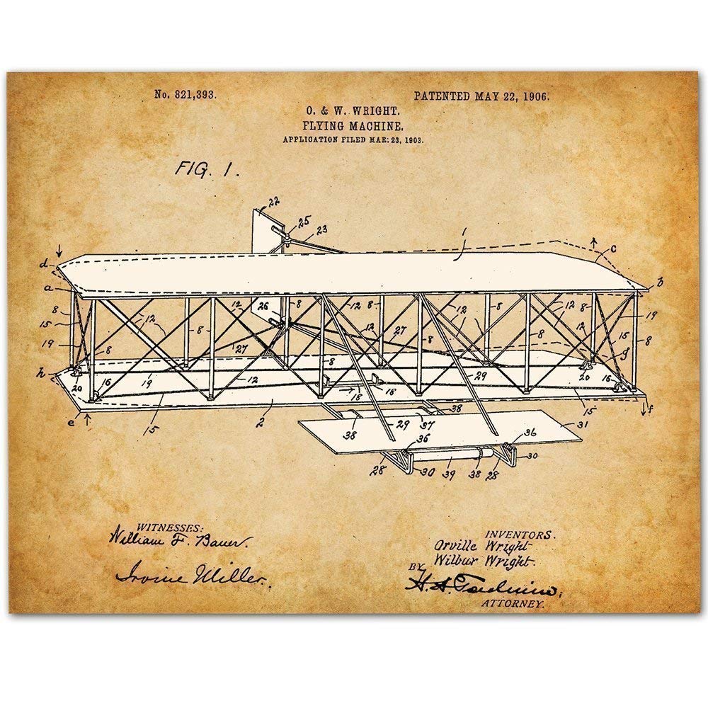 Wright Brothers Flying Machine - 11x14 Unframed Patent Print - Makes a Great Home or Man Cave Decor and Gift Under $15 for Pilots and Plane Enthusiasts