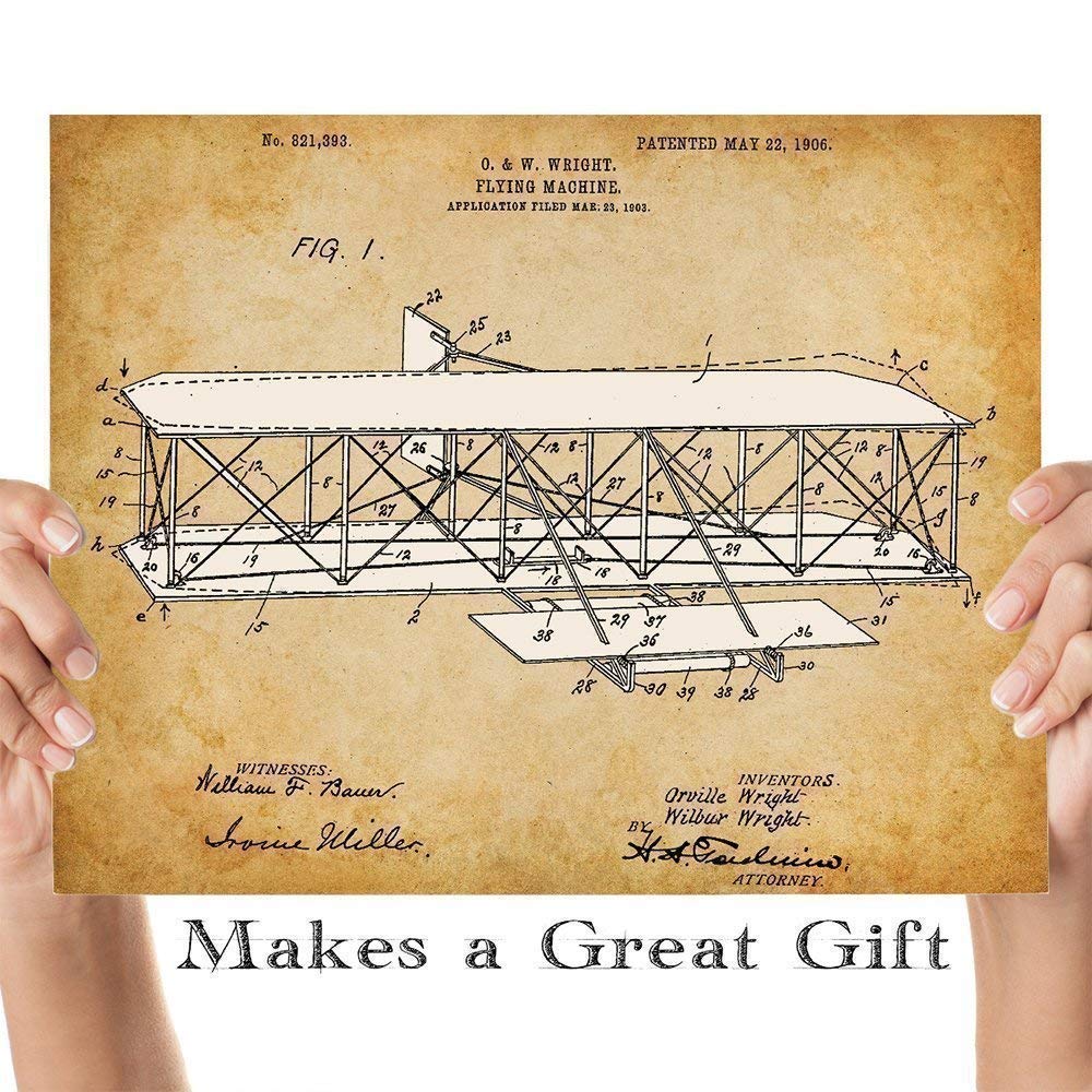 Wright Brothers Flying Machine - 11x14 Unframed Patent Print - Makes a Great Home or Man Cave Decor and Gift Under $15 for Pilots and Plane Enthusiasts