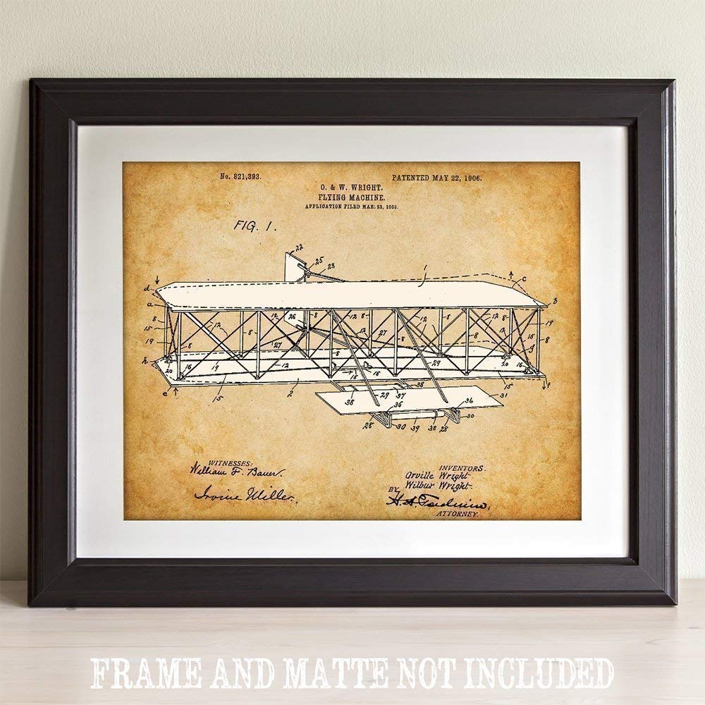 Wright Brothers Flying Machine - 11x14 Unframed Patent Print - Makes a Great Home or Man Cave Decor and Gift Under $15 for Pilots and Plane Enthusiasts