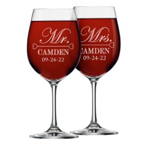 the wedding party store, mr and mrs wine glasses - personalized engraved wedding for couples - custom monogrammed - set of 2