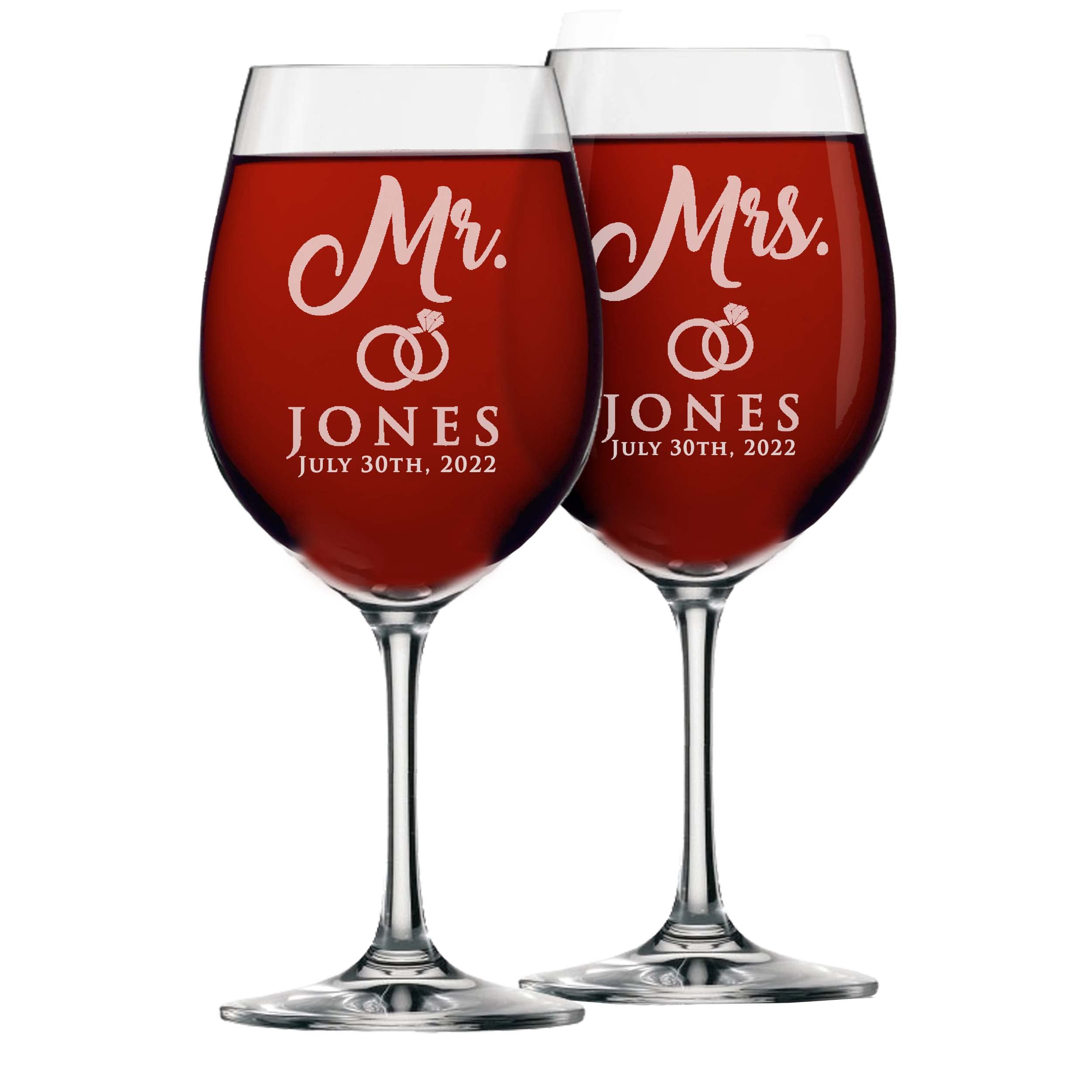 The Wedding Party Store, Mr and Mrs Wine Glasses - Personalized Engraved Wedding for Couples - Custom Monogrammed - Set of 2