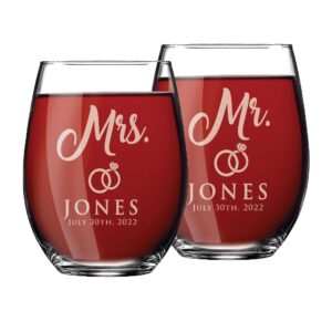 mr and mrs wine stemless glasses - personalized engraved wedding for couples - custom monogrammed - set of 2