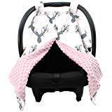 dear baby gear - baby car seat canopy - infant car seat cover with snap opening - carseat canopies for boys & girls - 40x30 (antler & flower print, pink dot)
