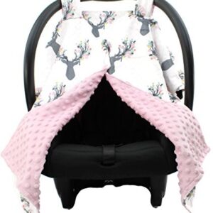 Dear Baby Gear - Baby Car Seat Canopy - Infant Car Seat Cover with Snap Opening - Carseat Canopies for Boys & Girls - 40x30 (Antler & Flower Print, Pink Dot)